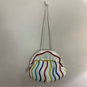 Vintage 80s MIRIAM LEFCOURT White RUFFLE Color Squiggles CLAM Shoulder BAG Purse